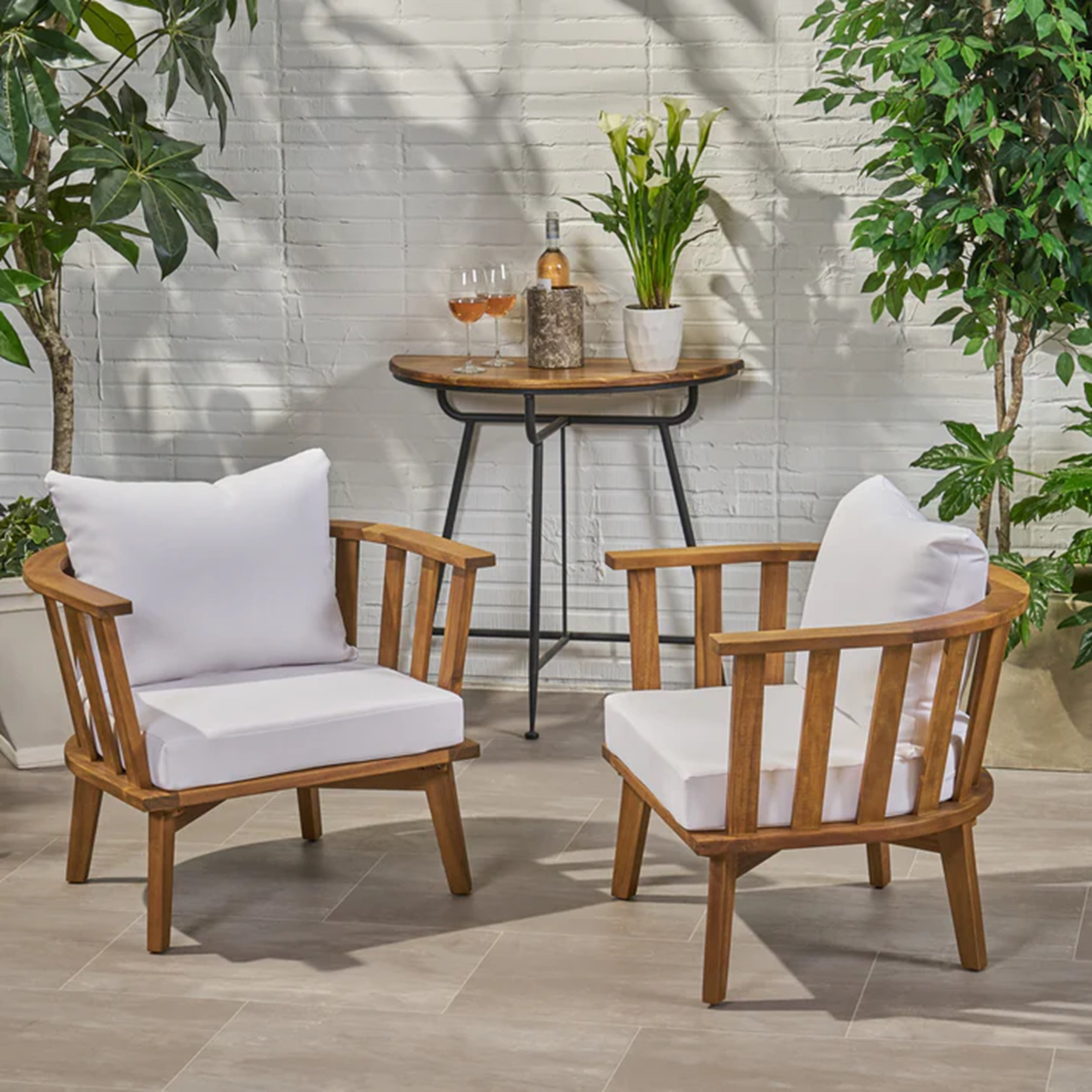 Outdoor Acacia Wood Patio Club Chair with Waterproof Thick Cushion – Deep Seating Wood Furniture for Porch, Garden, Backyard, and Balcony, Brown Wash with Beige Cushion