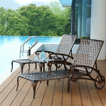 Set of 2 Outdoor Aluminium Cast Lounge Chair with 5-Position Adjustable Backrest & Rolling Wheels, All Weather Tanning Chairs for Garden Pool and Patio, Brown