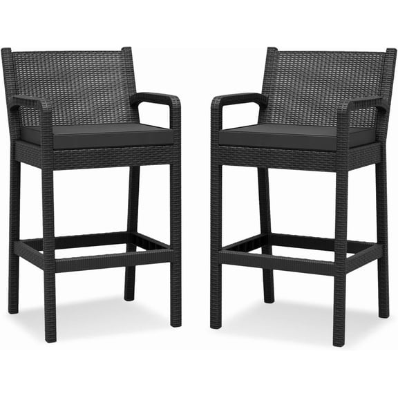Set of 2 Outdoor Bar Stools with Arms  Black Wicker Patio Barstools with Cushions, Tall Weather-Resistant Bar Height Chairs for Balcony, Garden, Pool Deck & Backyard