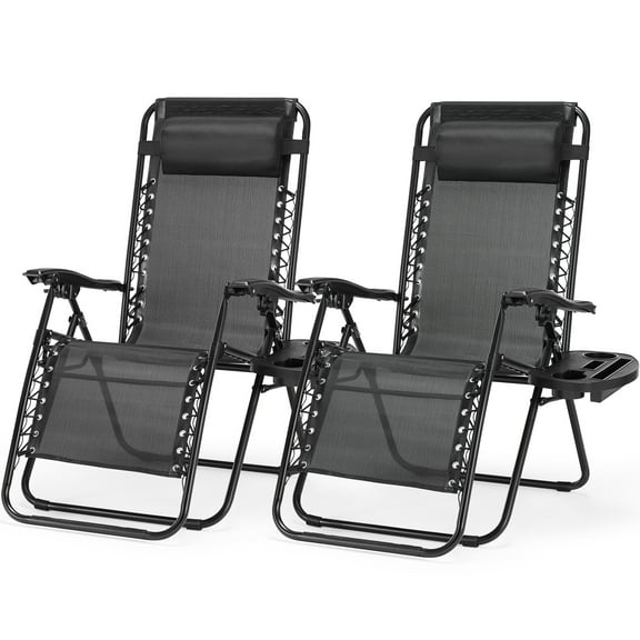 JOINSUN 2 Pcs Zero Gravity Chair, Portable Adjustable Pillow Reclining with Cup Holder Trays for Poolside, Garden, Backyard, Black