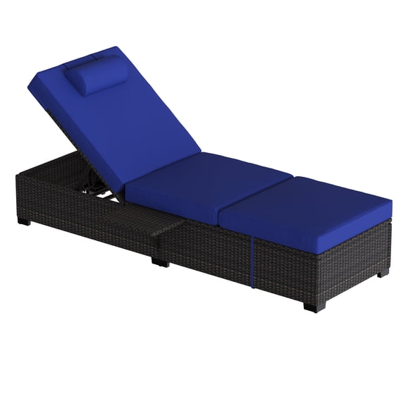 Set of 2 Outdoor PE Wicker Chaise Lounge Chairs – 78'' Long Adjustable Rattan Recliners, 5-Speed Backrest, Removable Tabletop, Sky Blue Cushions – Brown Four-Line Rattan Sky Blue Cushion