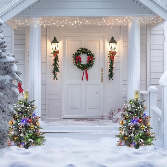 Set of 2 Outdoor Pathway Christmas Trees, 30” Battery Operated Pre-Lit Frosted Xmas Tree with 35 LED Lights, 8 Flash Modes, Holiday Décor for Porch, Yard with Berries/Pine Cones/Balls