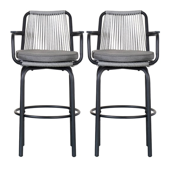 Set of 2 Outdoor Patio Bar Stools 29H with Cushions, Modern Woven Rattan Rope Bar Height Chair with Back and Arm for Kitchen Pool Island, Patio Garden, Black/Gray