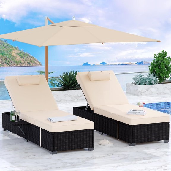 Set of 2 Outdoor Patio Chaise Lounge Chairs with Adjustable Backrest, Brown PE Wicker Reclining Chairs with Removable Cushions, Foldable Side Table, Sunbathing Pool Loungers for Patio, Garden, Deck