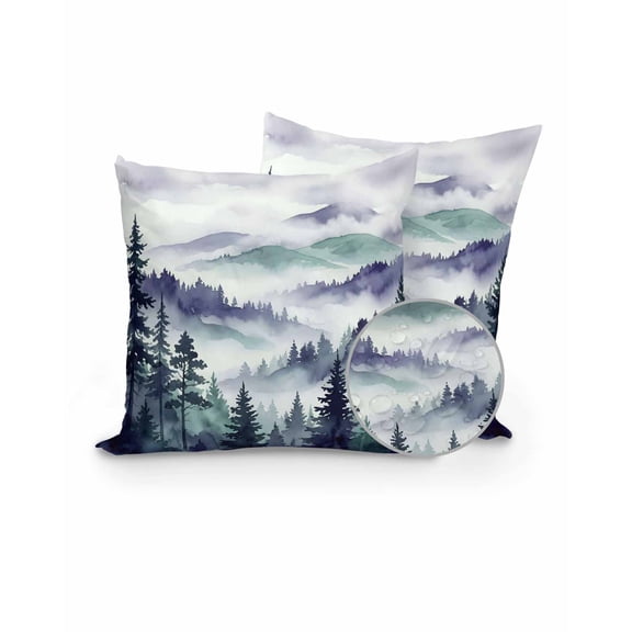 Set of 2 Outdoor Pillows Waterproof, Dark Purple Forest Indoor/Outdoor Throw Pillows with Inserts, Watercolor Clouds Trees Mountain Decorative Pillow for Patio Furniture Chairs Couch