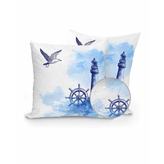 Set of 2 Outdoor Pillows Waterproof, Nautical Lighthouse Indoor/Outdoor Throw Pillows with Inserts, Blue Summer Coastal Rudder Seagull Decorative Pillow for Patio Furniture Chairs Couch