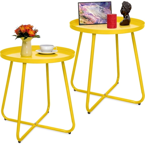 Set of 2 Outdoor Side Table Outdoor, Metal Side Table Small Round Side Table Weather Resistant End Table Patio Table for Garden Porch Balcony Yard Lawn (2, Yellow)