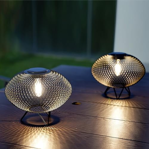 Set of 2 Outdoor Table Lamps with Metal Wire Shades & LED Lights, 8" Solar-Powered Modern Table Lights for Yard, Porch, Garden, or Pathway$$Tools & Hardware Other