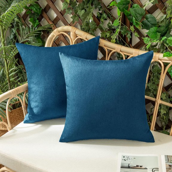 Set of 2 Outdoor Waterproof Throw Pillow Covers Decorative Farmhouse Linen Pillowcases Solid Cushion Cases for Patio Tent Balcony Couch Sofa Livingroom Navy Blue 16x16 inch