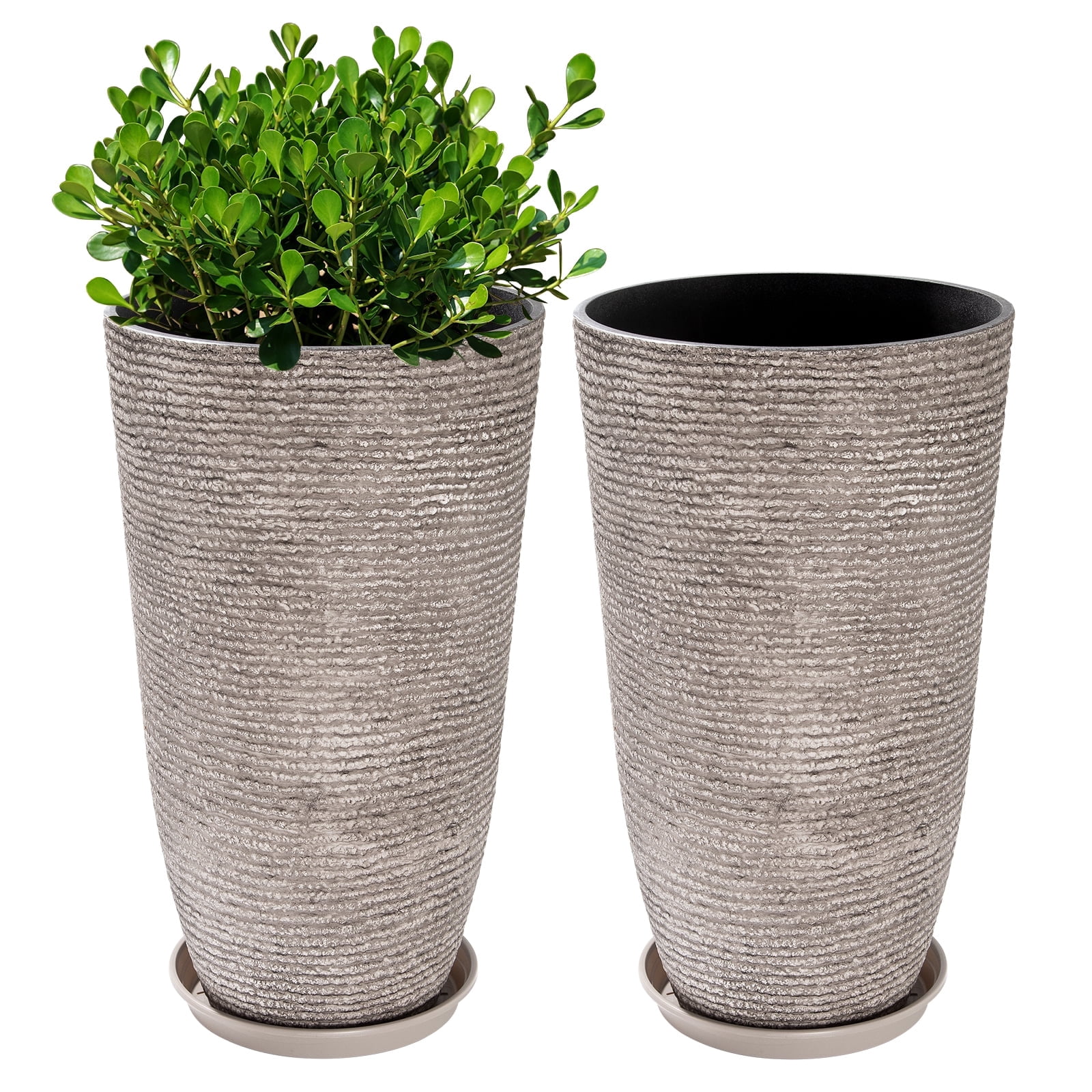 QCQHDU 21 inch Tall Planters with Saucer,2 Pack 9 Gallon Stone Round Pots for Indoor Plants,Outdoor Patio & Porch Decor, Heavy Duty Weatherproof Plant Containers,Gray
