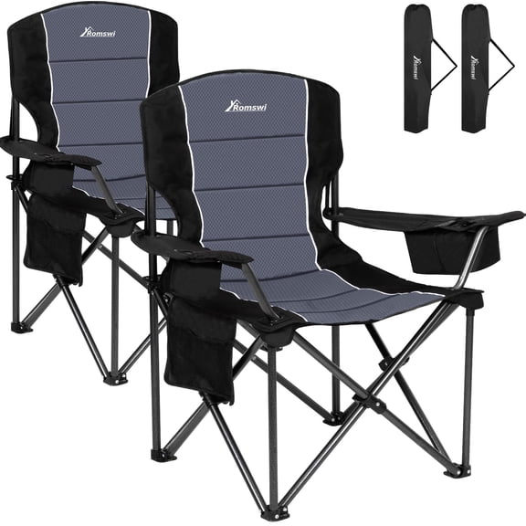 Set of 2 Oversized Camping Chairs, Heavy Duty Support 500 LBS Padded Back and Arm Sport Chairs, Collapsible Folding Chairs w/ Cup Holder Cooler Bag for Outdoor Fishing Garden, Adult Furniture
