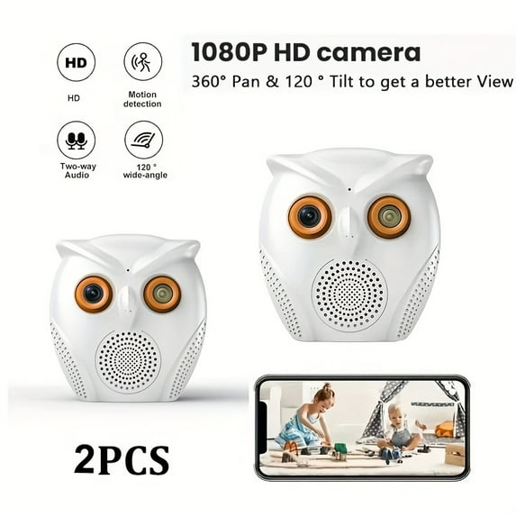 Set of 2 Owl-Shaped HD Security Cameras, Smart Human Detection & Discreet Alarm System, Wireless Monitoring & USB Power, Home & Small Shop Security Camera
