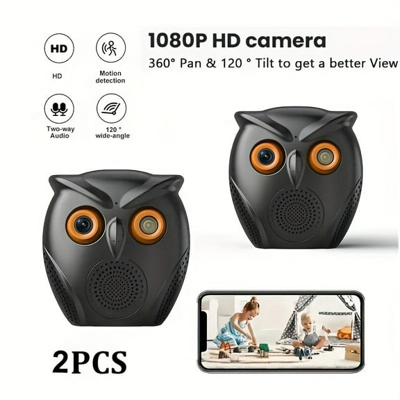 Set of 2 Owl-Shaped HD Security Cameras, Smart Human Detection & Discreet Alarm System, Wireless Monitoring & USB Power, Home & Small Shop Security Camera