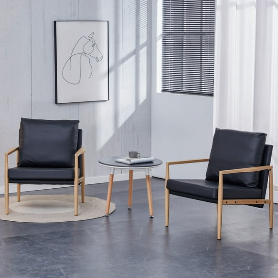 Set of 2, PU Leather Accent Sofa Chair with Imitation Solid Wood, Modern Upholstered Armchair Padded Backrest and Seat Cushion, for Living Room, Bedroom, Black