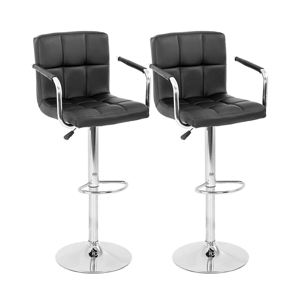 Set of 2 PU Leather Bar Stools Armrest Counter Stools Swivel Square Counter Height Barstools with Armrest Adjustable Hydraulic Bar Chairs with Upholstered Back & Seat, Black