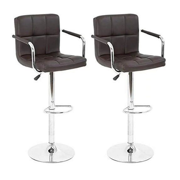 Set of 2 PU Leather Bar Stools Armrest Counter Stools Swivel Square Counter Height Barstools with Armrest Adjustable Hydraulic Bar Chairs with Upholstered Back & Seat, Brown