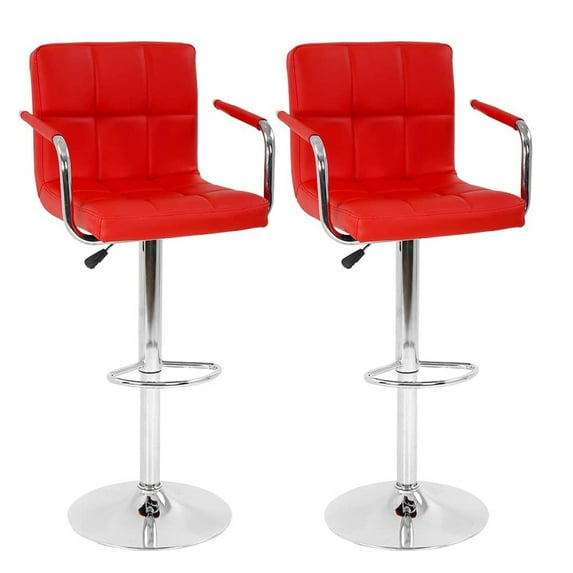 Set of 2 PU Leather Bar Stools Armrest Counter Stools Swivel Square Counter Height Barstools with Armrest Adjustable Hydraulic Bar Chairs with Upholstered Back & Seat, Red