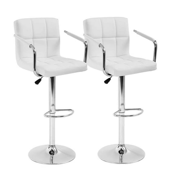 Dkeli Adjustable Square PU Leather Swivel Bar Stool with Armrest, White (Set of 2)