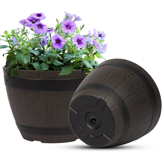 Set of 2 Pack Plant Pots 8 Inch,Indoor & Outdoor whiskey Barrel Planters with Drainage Holes & Saucer, Plastic Decoration Flower Pot Imitation Wine Barrel Design for Suitable Rustic, Garden,Home,Yard