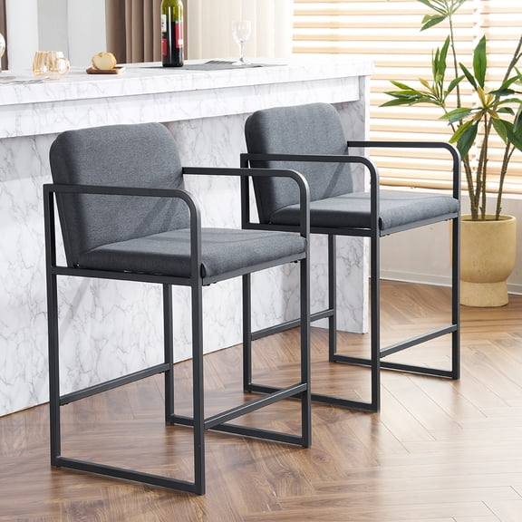 Set of 2 ‌Padded Counter-Height Bar Stool with Arms, Metal Frame and Cushioned Seat Comfortable Dining Chair for Kitchen Island, Home Bar or Restaurant - Dark gray