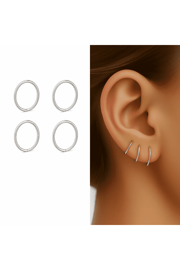 Set 2 Pairs Argentium Silver Hoops 6 mm 21 Gauge Huggie Hoop Tiny Handmade Earrings Upper Ear Piercing