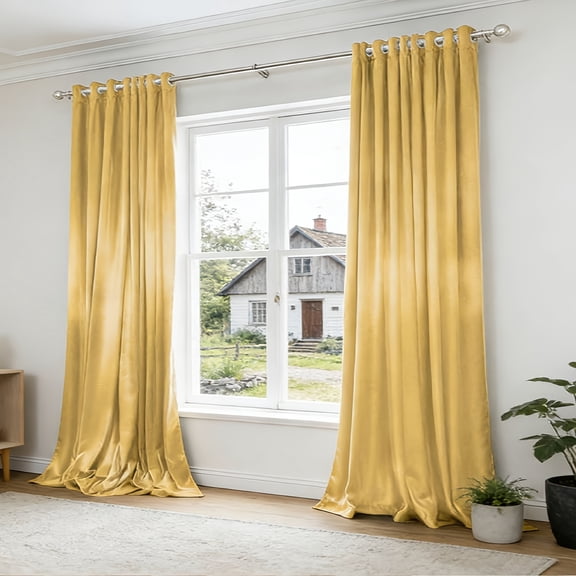 Set of 2 Panels Luxury Grommet Top Velvet Curtains, Solid Premium Heavyweight Soft Blackout Drapes, Elegant Contemporary Window Treatments (Mustard Yellow / Muted Gold)