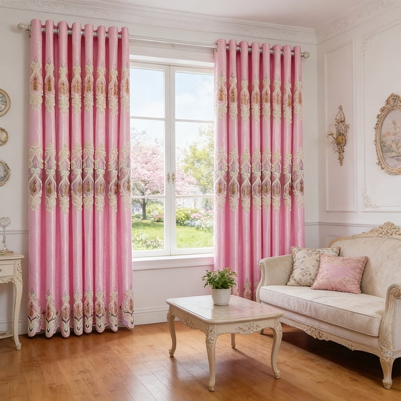Set of 2 Panels Luxury High-Precision Jacquard Curtains, Romantic Floral Embroidery with Purple Velvet Applique, Victorian Palace Style Heavyweight Drapes (Pink)