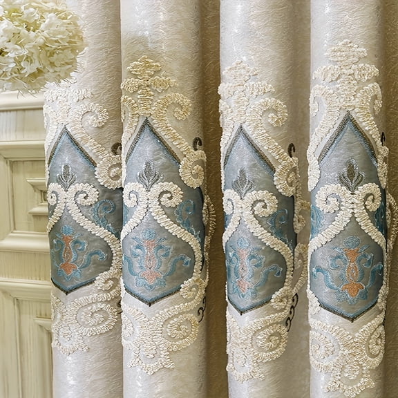 Set of 2 Panels Luxury High-Precision Jacquard Curtains, Royal Embroidery with Blue Velvet Applique, Victorian Palace Style Heavyweight Drapes (Beige & Blue)