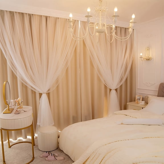 Set of 2 Panels Romantic Cream Beige Double Layer Curtains, High-Precision Fabric with Dreamy Sheer Mesh Overlay, Elegant Integrated Cloth and Tulle Drapes