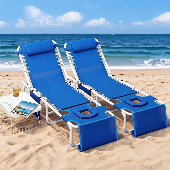 Set of 2 Patio Chaise Lounge Outdoor Lounge Chairs – Adjustable Reclining Chaise with Face Hole, Folding Table, Heavy Duty Textilene, Removable Pillow – 330 lbs Capacity for Pool, Lawn, Beach