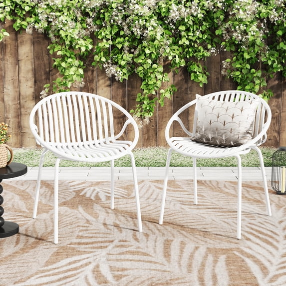 Set of 2 Patio Dining Chairs, Outdoor Chairs with Metal Legs, Stackable Contemporary Plastic Dining Chairs, Open Back Chairs for Indoor or Outdoor Use, White