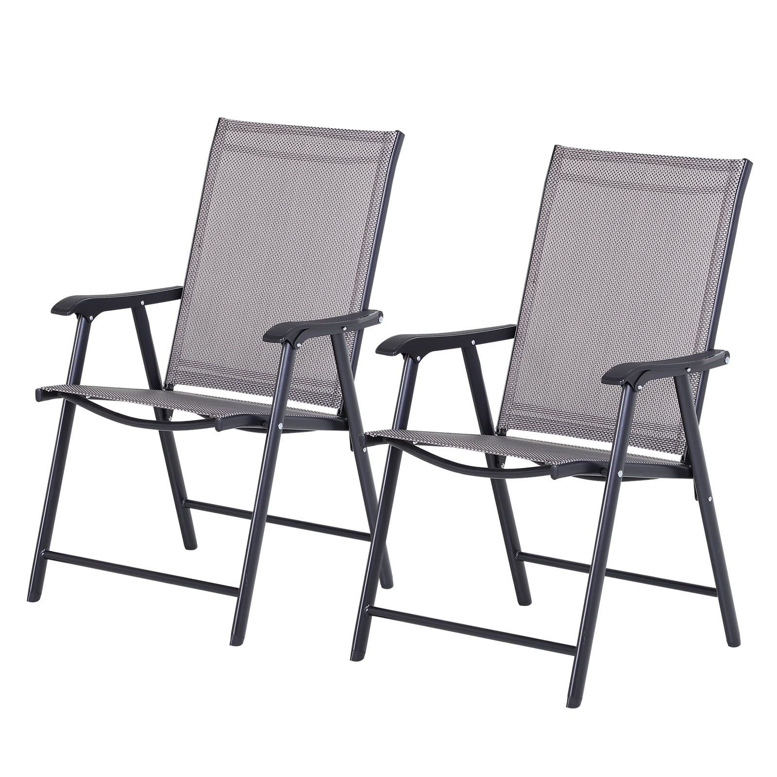 Set of 2 Patio Folding Chairs, Stackable Outdoor Sling Patio Dining Chairs with Armrests for Lawn, Camping, Dining, Beach, Metal Frame, No Assembly, Gray