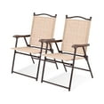 thumbnail image 1 of 2 Pack Patio Folding Dining Chairs, Outdoor Sling Lawn Chairs with Armrests, Sturdy Steel Frame, Portable Camping Lounge Chairs for Backyard, Deck, Poolside and Garden, No Assembly (Beige), 1 of 5