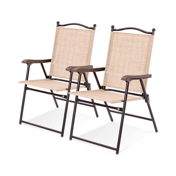 2 Pack Patio Folding Dining Chairs, Outdoor Sling Lawn Chairs with Armrests, Sturdy Steel Frame, Portable Camping Lounge Chairs for Backyard, Deck, Poolside and Garden, No Assembly (Beige)