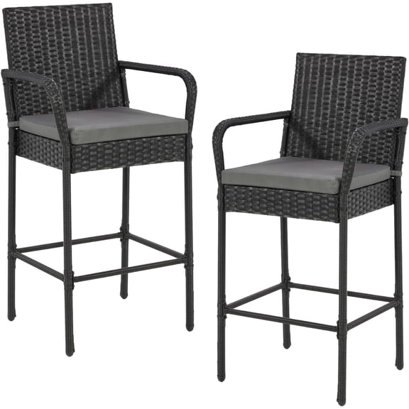 Set of 2 Patio Rattan Barstools, All-Weather Wicker Bar Height Chairs with Armrest & Backrest, Soft Cushion, Footrests, Outdoor Furniture for Backyard, Pool, Garden, Black
