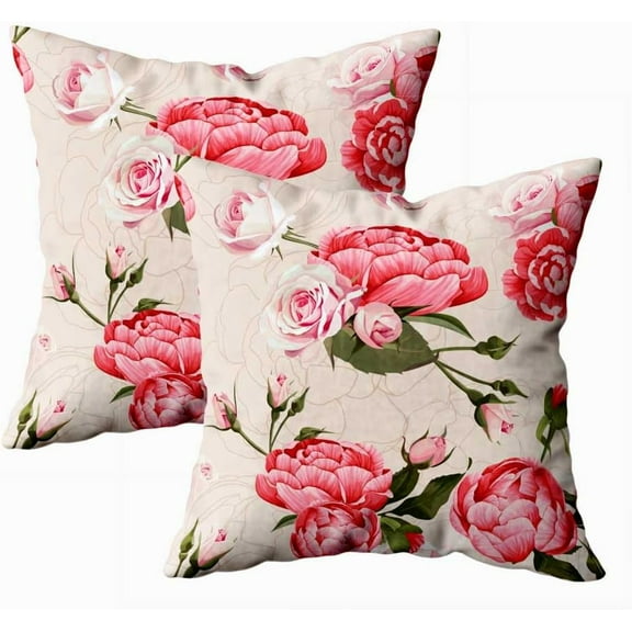 Set of 2 Peony and Roses Pattern Beige Flowered Texture Background Throw Pillow Covers 18X18 Inch Decorative Pillow Cases for Couch Bedroom Living Room