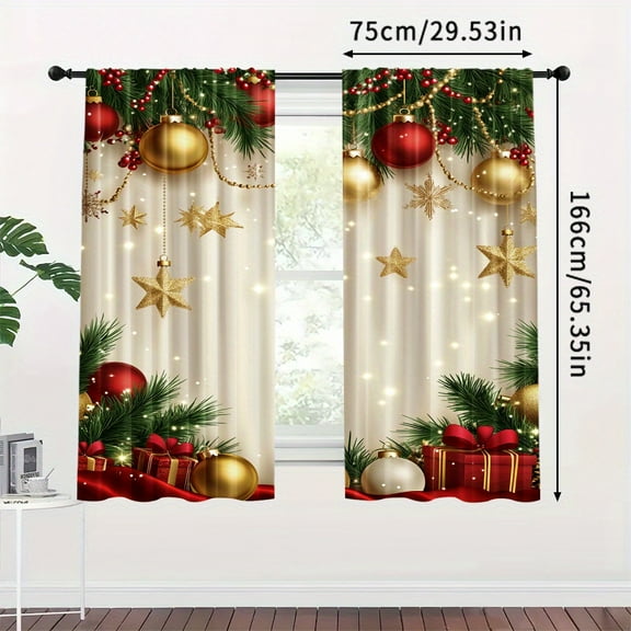 A Set of 2 Pieces Golden Christmas Pattern Digital Printing Curtains, Pole Opening Design, Polyester Curtain, Suitable for Living Room and Home Decoration, (Rod Not Included)