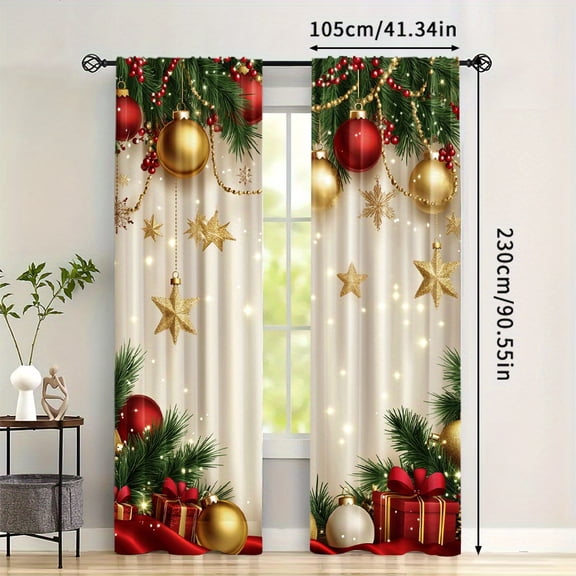 A Set of 2 Pieces Golden Christmas Pattern Digital Printing Curtains, Pole Opening Design, Polyester Curtain, Suitable for Living Room and Home Decoration, (Rod Not Included)