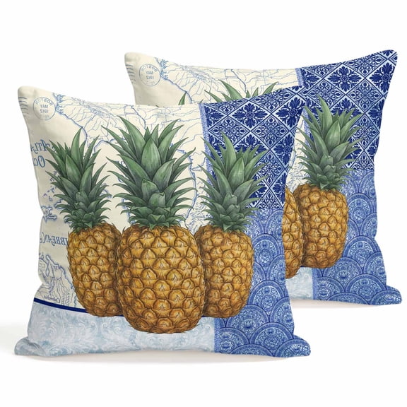 Set of 2 Pineapple Pillow Covers 16x16 Inch, Blue White Porcelain Vintage Map Summer Decorative Throw Pillow Cases Cotton Cushion Covers for Sofa Couch Bed Living Room Bedroom Home Decor