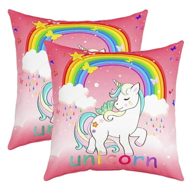 Set of 2 Pink Unicorn Pillow Covers 18x18 Inch, Kawaii Rainbow Unicorn Throw Pillow Covers, Cute White Horse Cushion Covers, Geometric Stars Cloud Ombre Unicorn Decorative Square Pillow Cases