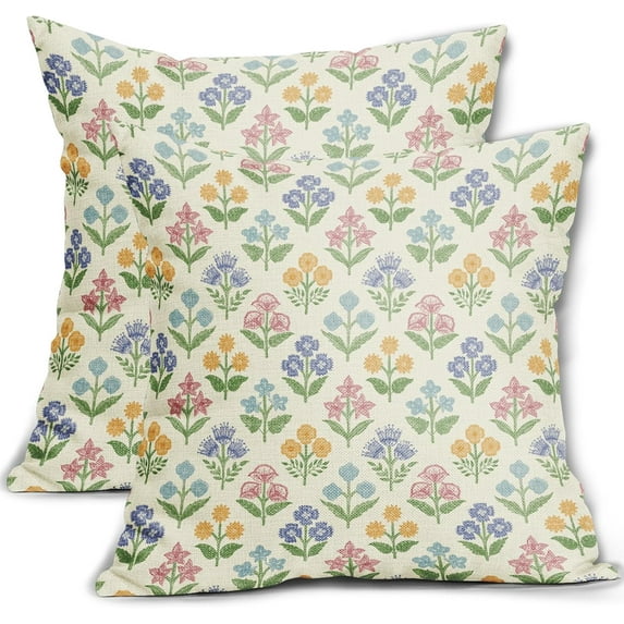 Set of 2 Pink Yellow Blue Purple Block Print Pillow Covers 22x22 Inch, Vintage Floral Spring Decorative Throw Pillow Cases Boho Rustic Cushion Covers for Farmhouse Sofa Couch Bed Decor
