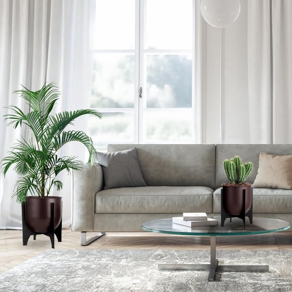 Set of 2 Planters with Stand Indoor Outdoor Metal Plant Stand 11 &8.5" H Modern Planters Flower Pots for Living Room Corner Kitchen Office Garden Balcony Decor (Brown)