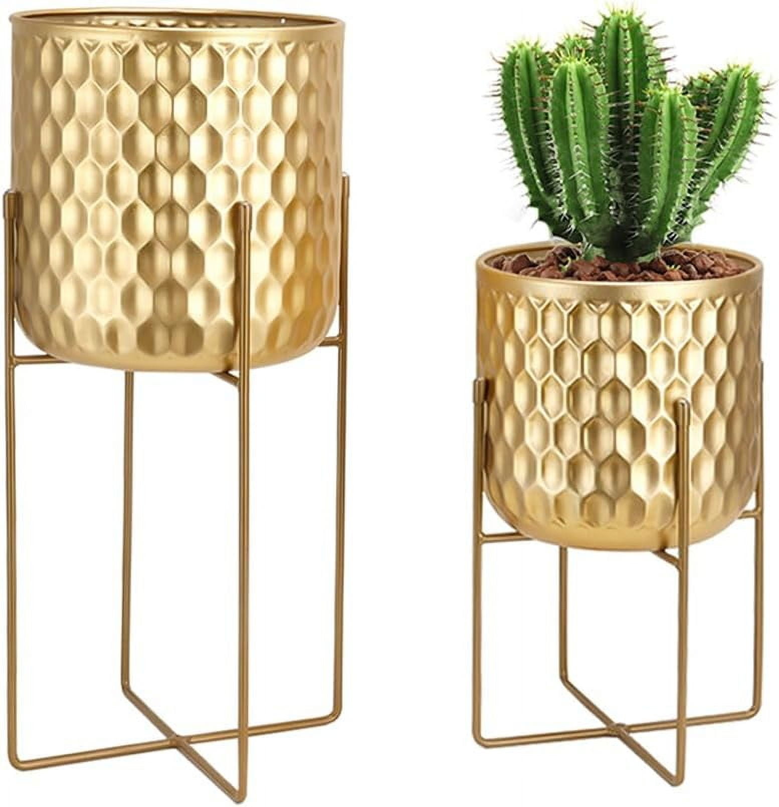 Gold Honeycomb Metal Planters with Stands, Set of 2