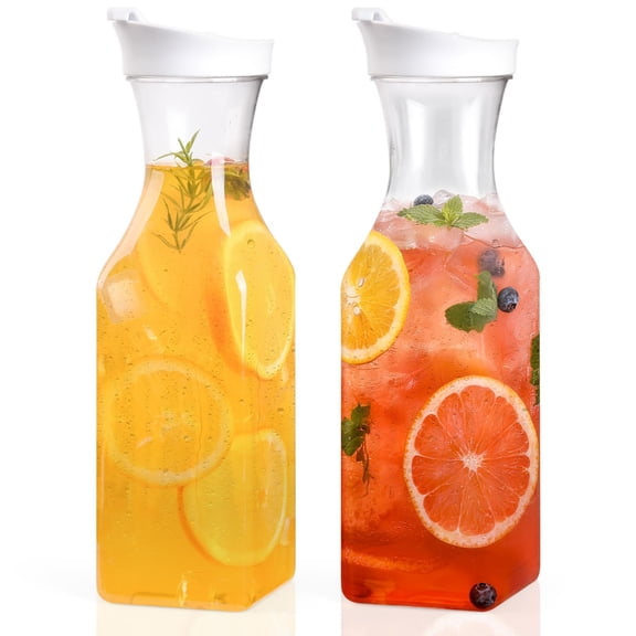 Set Of 2 Plastic Carafe With Lid 50 Oz Mimosa Bar Supplies Large Water Pitcher Square Base Juice Containers For Party Milk Container Beverage Fridge- Hand Wash Only