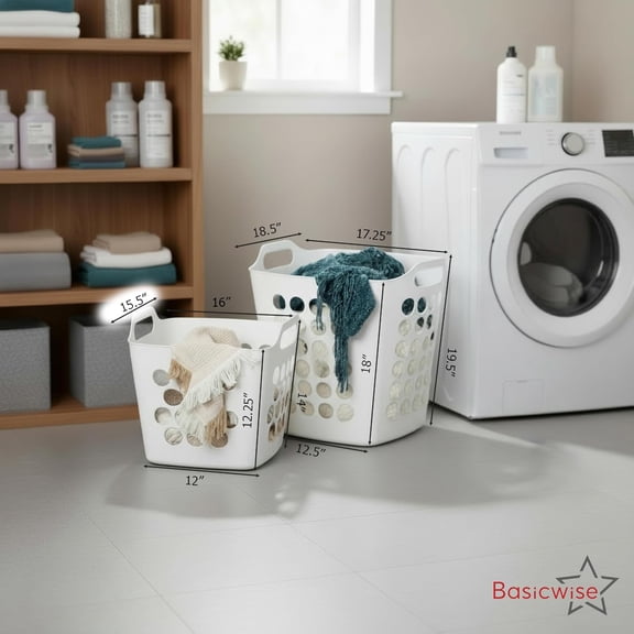 Set of 2 Plastic Laundry Baskets with Handles Large Small Ventilated Hampers for Clothes Storage Organization Lightweight Stackable Bins Bedroom Bathroom Dorm White