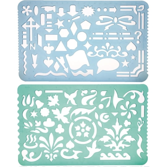 Set of 2 Plastic Stencil Art Templates Drafting Ruler with Various Cut Out Designs for Art and Craft Projects, Artistic Drawing, Tracing, Painting - Ideal for Professionals, Students and Kids