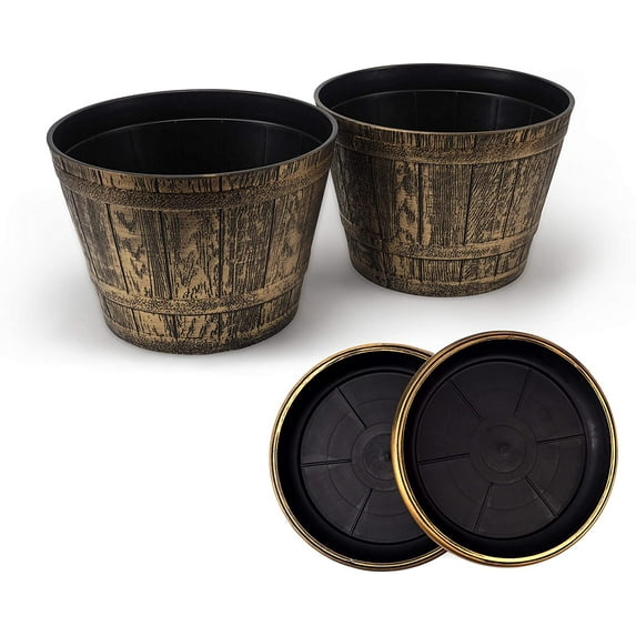 Set of 2 Plastic Whiskey Barrels Rustic Look (2 planters + 2 Matching Saucers) French Country Style Flowerpot Indoor Outdoor Garden Patio Office Home Decor Use Reusable Light Weight