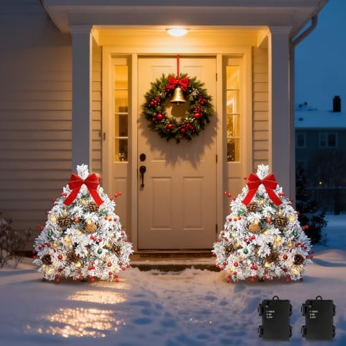Set of 2 Prelit Pathway Christmas Trees, 27.56" Outdoor Christmas Tree with 50 LED Lights, Pine Cones Red Berries, Battery Operated Outdoor Xmas Decor for Yard Home Porch, White Snowflake