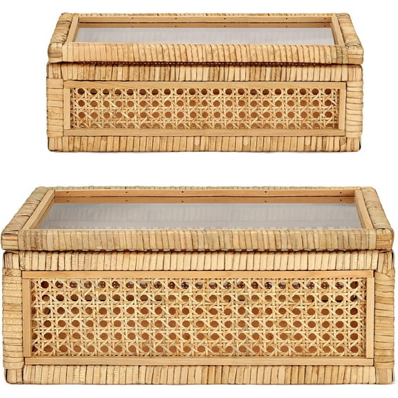 Set of 2 Rattan Box Rattan with Glass Lids Decorative Woven Cane Boxes Multipurpose Square Basket for Home Shelf Organizer(15.4 x 9.5 x 7.1 Inch, 12.6 x 6.7 x 4.3 Inch)
