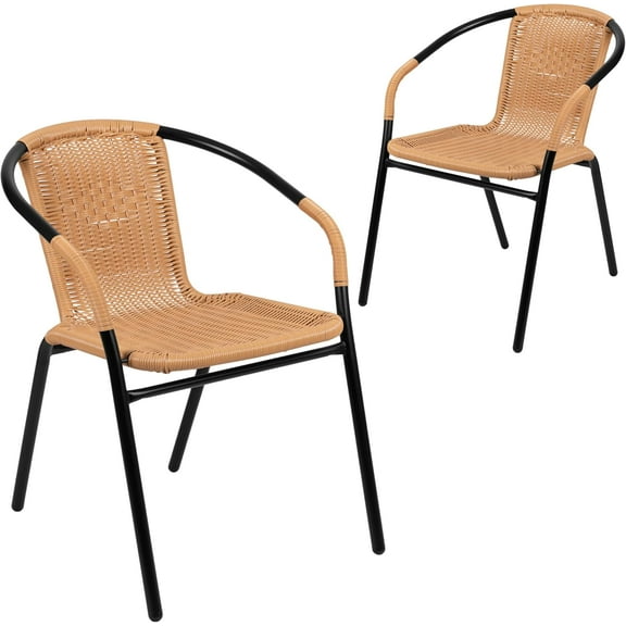 Set of 2  Rattan Indoor/Outdoor Stack Chairs - Curved Back Design, Weather-Resistant, Lightweight Grade for Restaurants, Patios, and Dining Areas,Beige